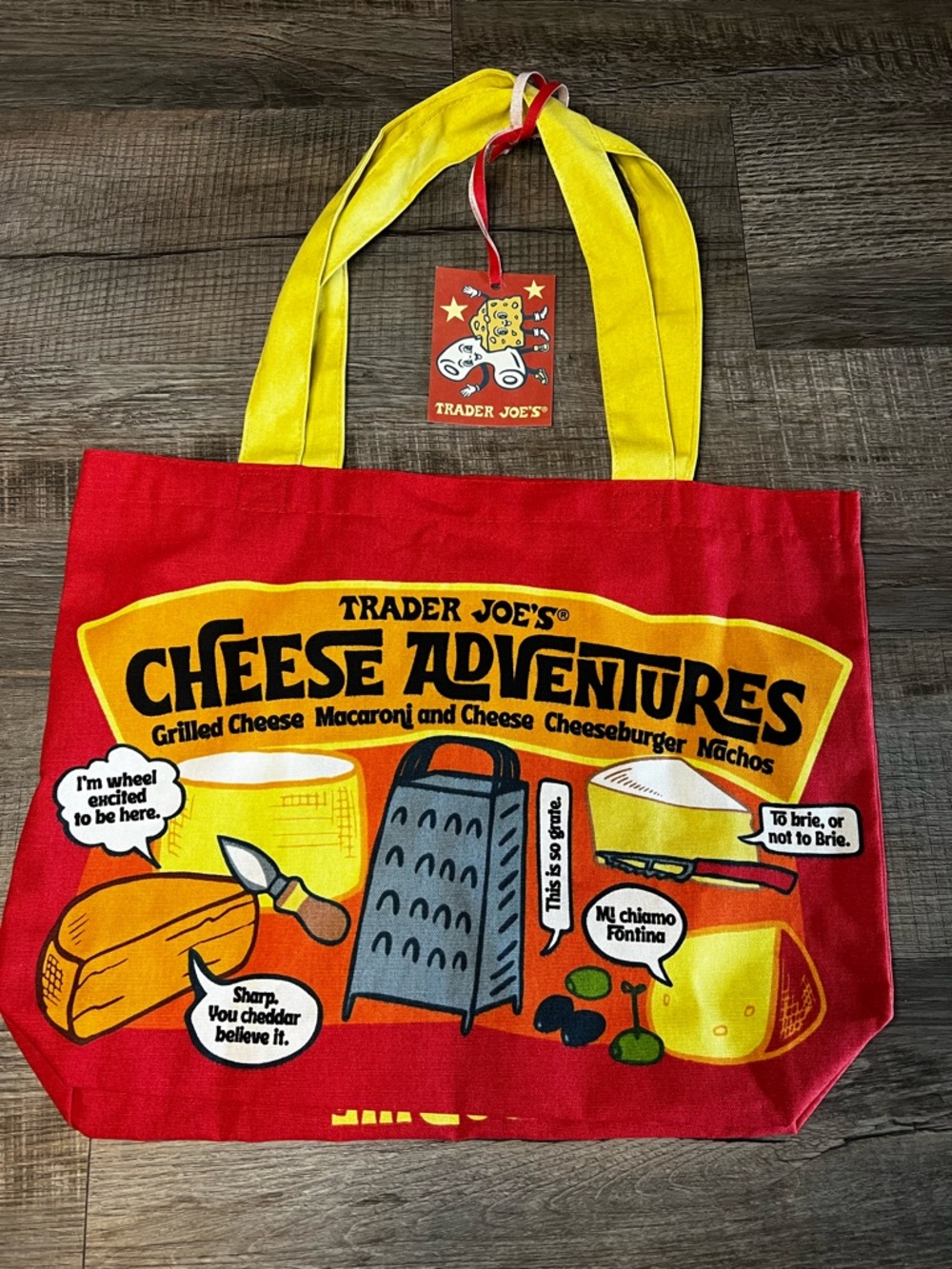 Trader Joe's Cheese Adventures Tote Bag Limited Edition NWT Red Yellow
